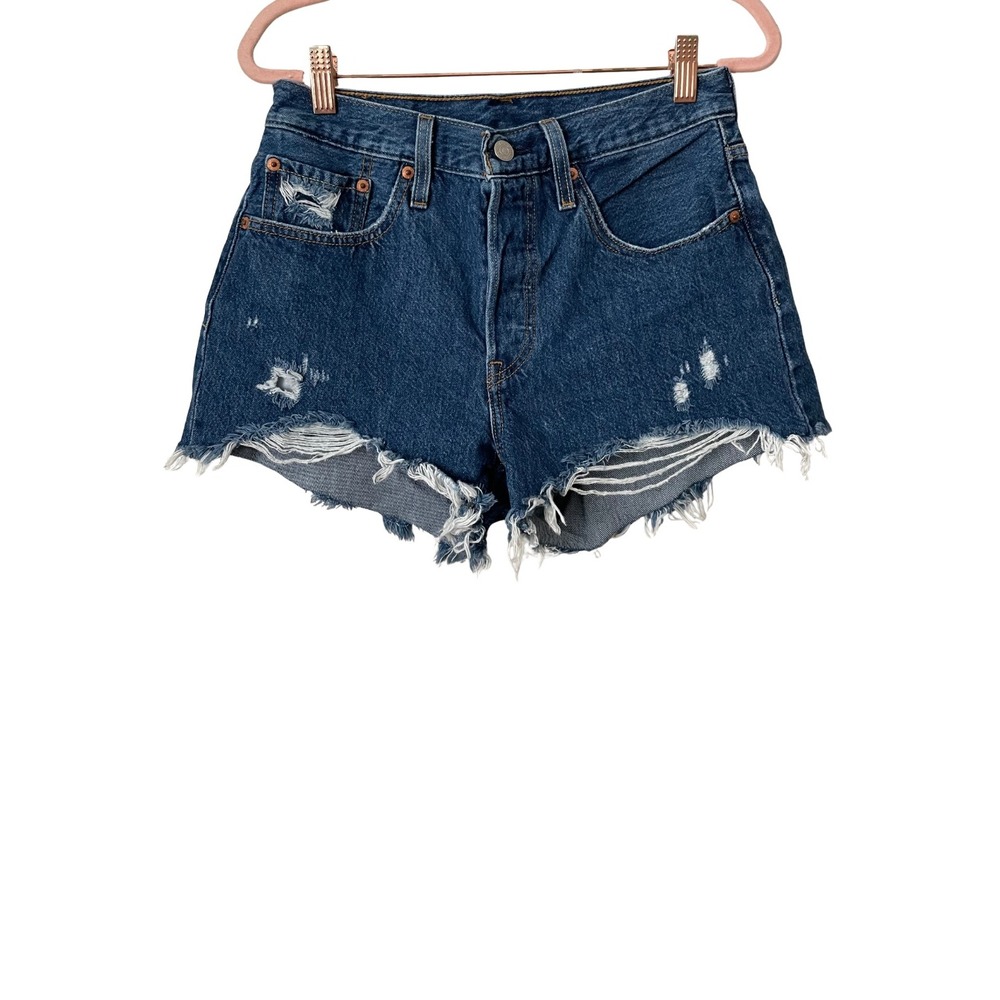 Levis 501 Denim Shorts Womens Size 27 Blue Rise Distressed Cut Off Cotton Casual
